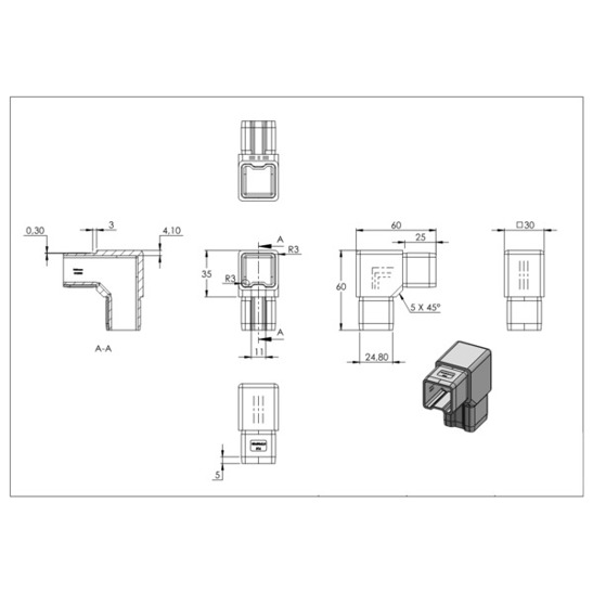 90° Verbindungsstück für 30x30x2mm Rohre - V4A