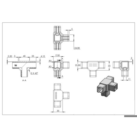 V4A Verbindungsstück für 30x30x2mm Rohre
